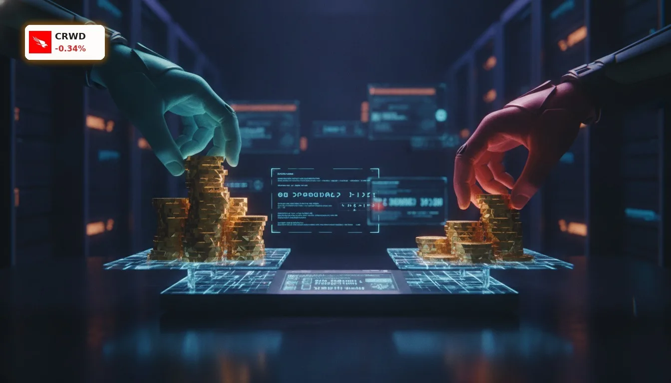 Digitaler Handel: Eine Hand platziert virtuelle Münzen auf einer Waage, die einen CrowdStrike CEO Verkauf symbolisiert.
