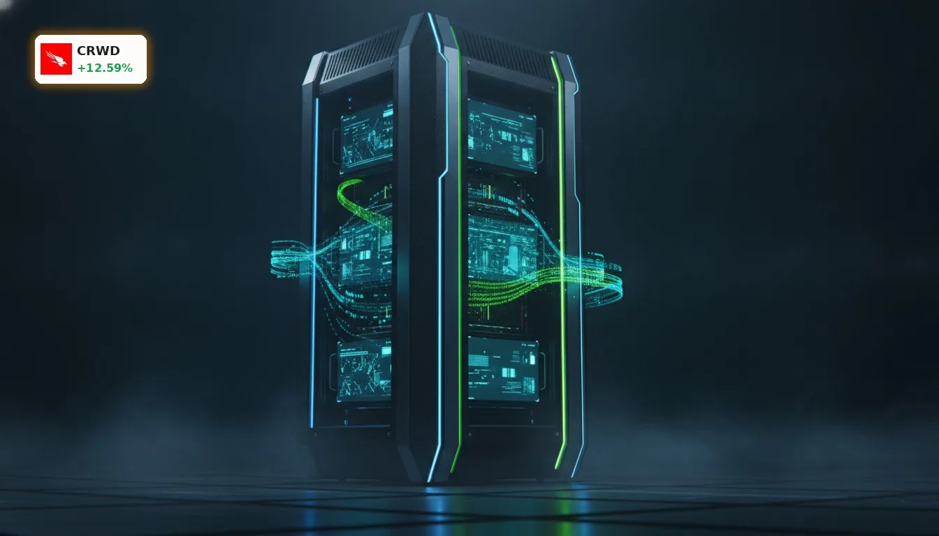 CrowdStrike KI Sicherheit: Aktie steigt 12.6% nach neuem Produkt-Launch 4 Futuristischer Server-Rack mit KI-Datenströmen, symbolisiert CrowdStrike KI Sicherheitstechnologie.