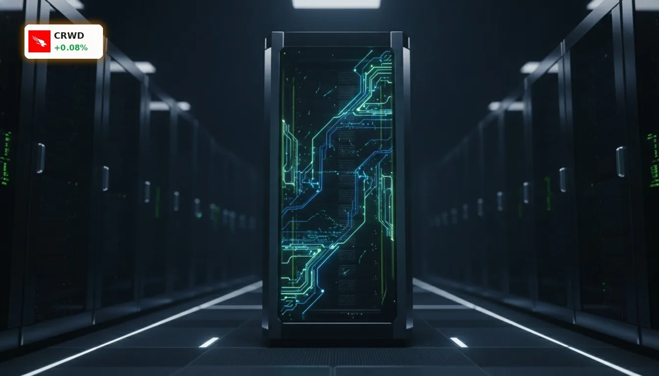 Futuristischer Server-Rack mit leuchtenden Datenströmen, die KI-gesteuerte Cyber-Sicherheit symbolisieren, untermauert CrowdStrike Rekord.