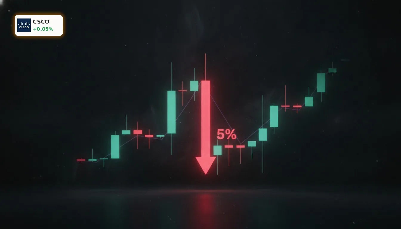Cisco Kursziel: Aktie fällt um 5% trotz starker Prognose und KI-Boom 5 Stilisierter Candlestick-Chart mit rotem Leuchten, der einen plötzlichen Kursrückgang der Cisco Aktie visualisiert. Cisco Kursziel.