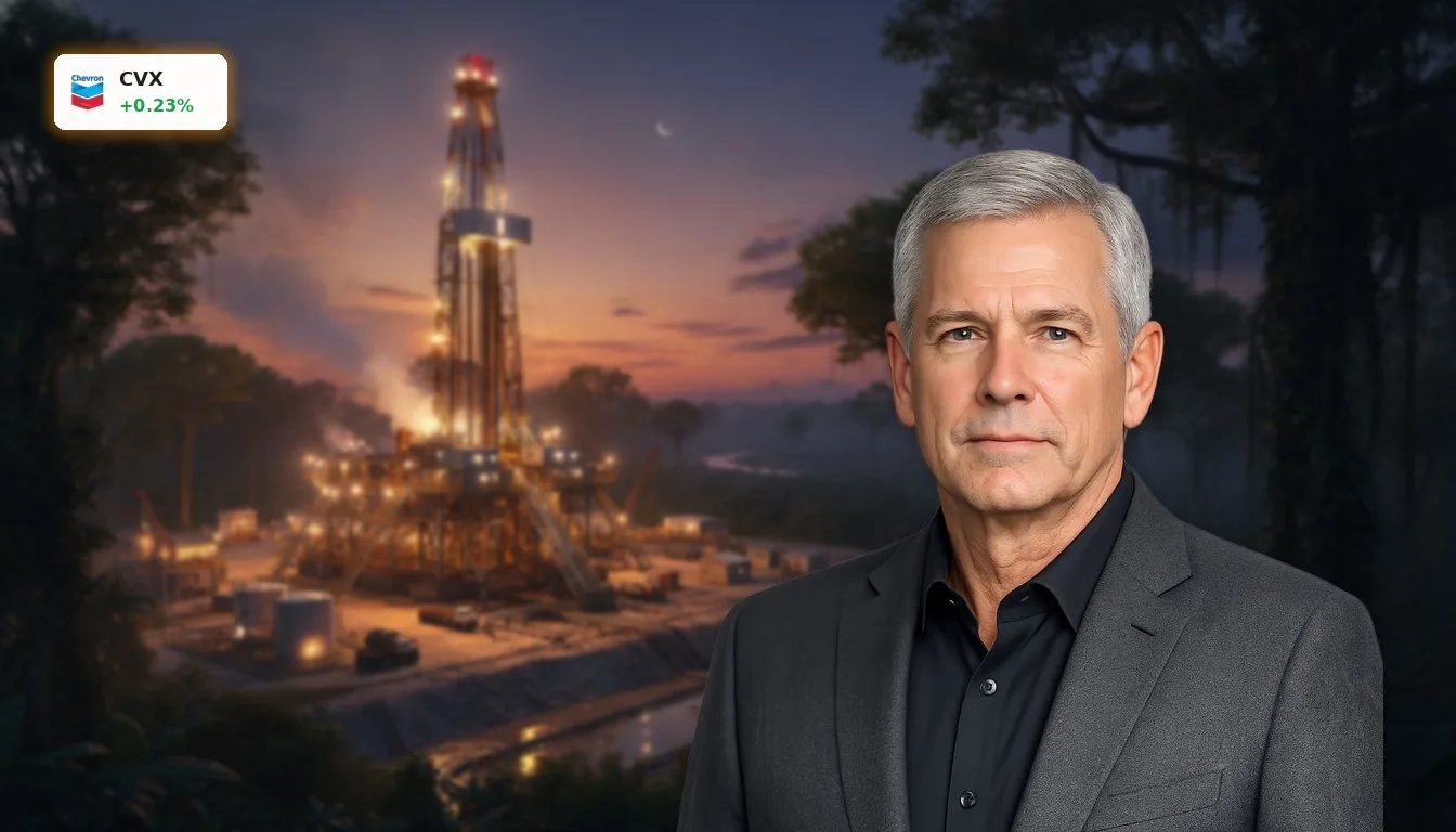 Ölbohrinsel in der venezolanischen Dschungellandschaft bei Sonnenuntergang, symbolisiert Chevron Venezuela Produktion.