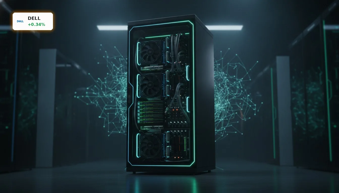 Dell KI-Server im Rechenzentrum, beleuchtet von blauen und grünen Lichtern. Dell Quartalszahlen und KI-Boom.
