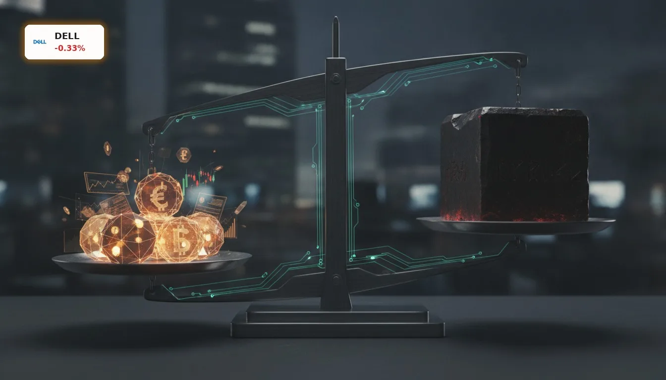 Dell Insider-Verkäufe: Was bedeuten die Gewinnmitnahmen der Großaktionäre? 4 Eine leicht gekippte Waage symbolisiert Dell Insider-Verkäufe und Gewinnmitnahmen, mit digitalen Werten und einem schweren Block.