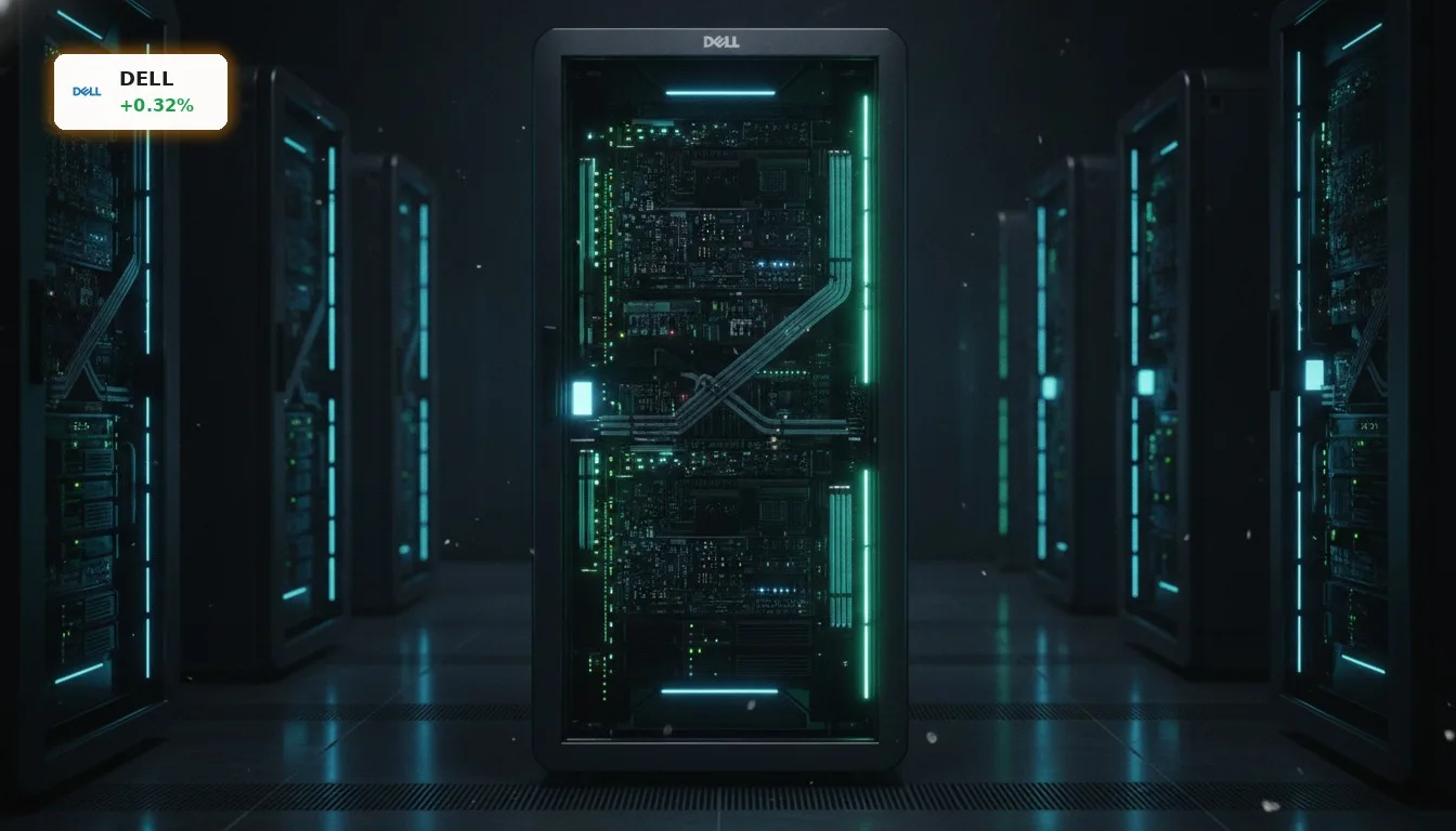Dell Technologies Wachstum: KI-Server-Boom treibt Aktie um 341% 5 Ein futuristischer Dell AI-Server-Rack in einem dunklen Rechenzentrum, symbolisierend Dell Technologies Wachstum im KI-Sektor.