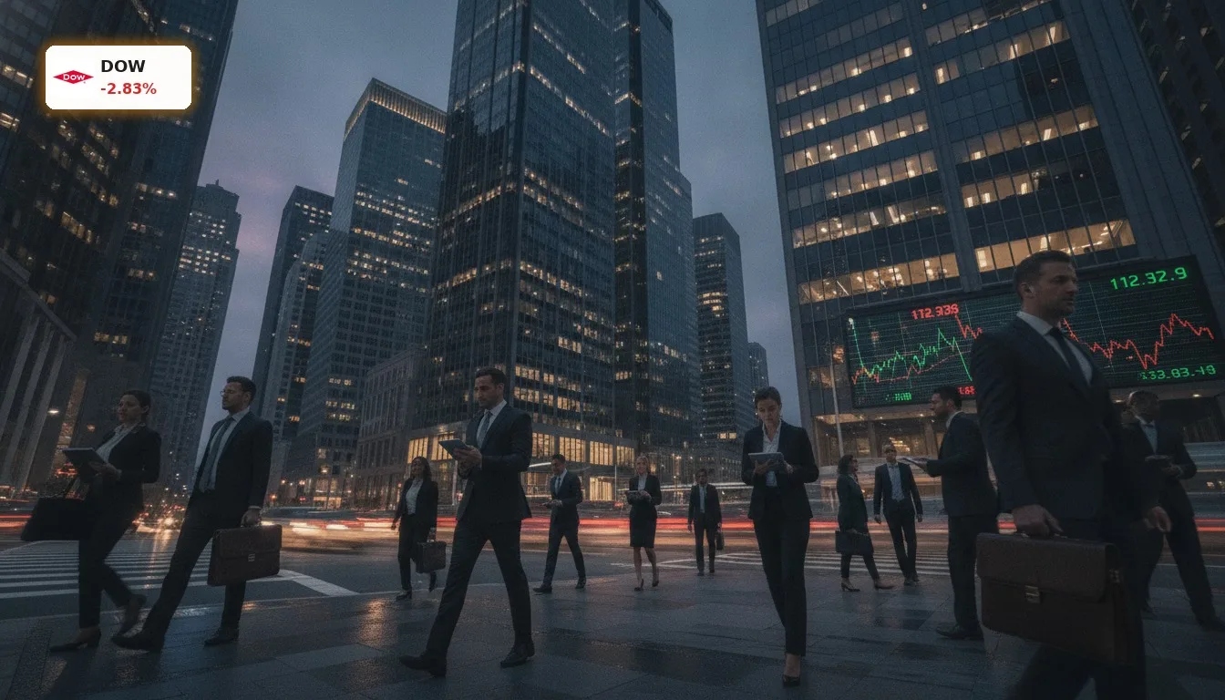 Geschäftiges Finanzviertel bei Dämmerung, symbolisiert den Dow Jones Arbeitsmarkt und wirtschaftliche Aktivität.