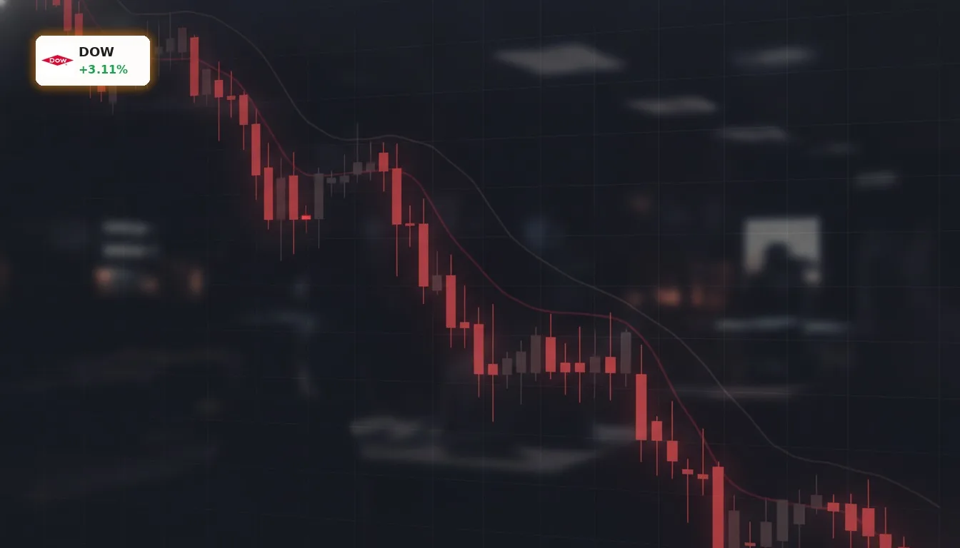 Ein stilisierter Candlestick-Chart in Rot und Dunkeltönen, der einen deutlichen Dow Jones Abwaertstrend darstellt.