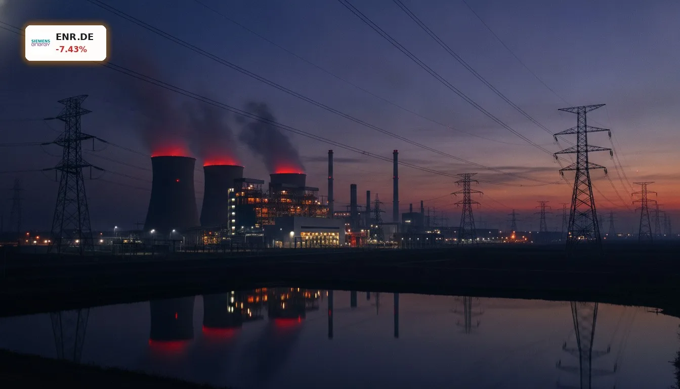 Siemens Energy Geschäftszahlen: -7% Kursrückgang trotz Rekordgewinn und KI-Boom 7 Moderne Energieinfrastruktur mit Hochspannungsleitungen bei Sonnenuntergang, symbolisiert die Siemens Energy Geschäftszahlen.