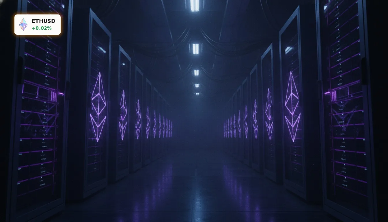 Futuristisches Rechenzentrum mit leuchtenden Servern, die die Ethereum Akkumulation und digitale Infrastruktur symbolisieren.