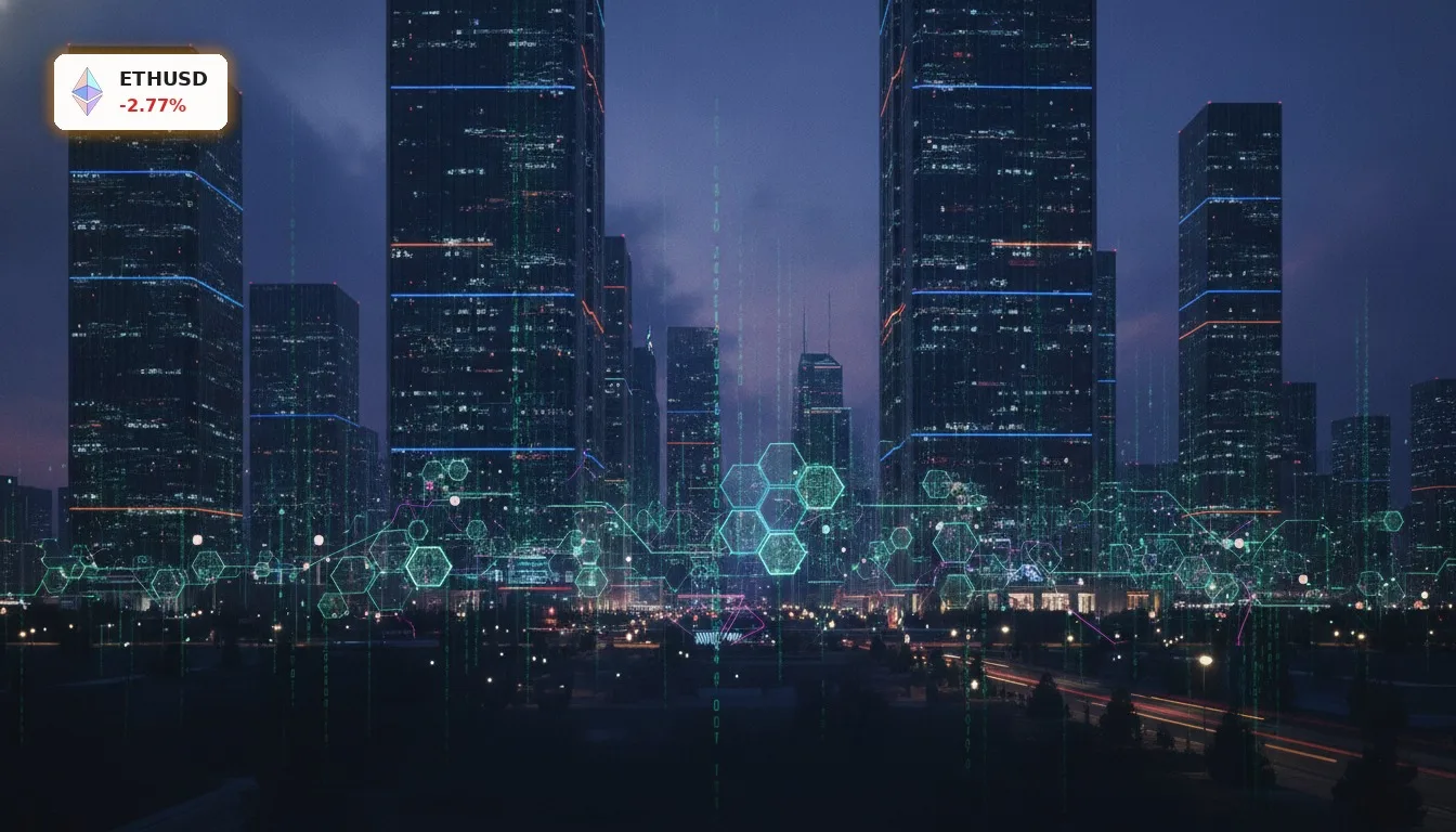 Ethereum ETF: -2.8% Crash trotz Rekord-Zuflüssen und KI-Fantasie 5 Futuristischer Finanzdistrikt bei Dämmerung, der institutionelle Investitionen und Ethereum ETF Zuflüsse symbolisiert.