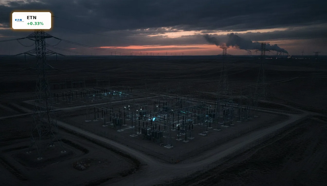 Eaton Kursrückgang um 7%: Sektorschwäche und Downgrade belasten 4 Weite Ansicht einer modernen elektrischen Netzinfrastruktur bei Dämmerung, die den Eaton Kursrückgang im Sektor symbolisiert.