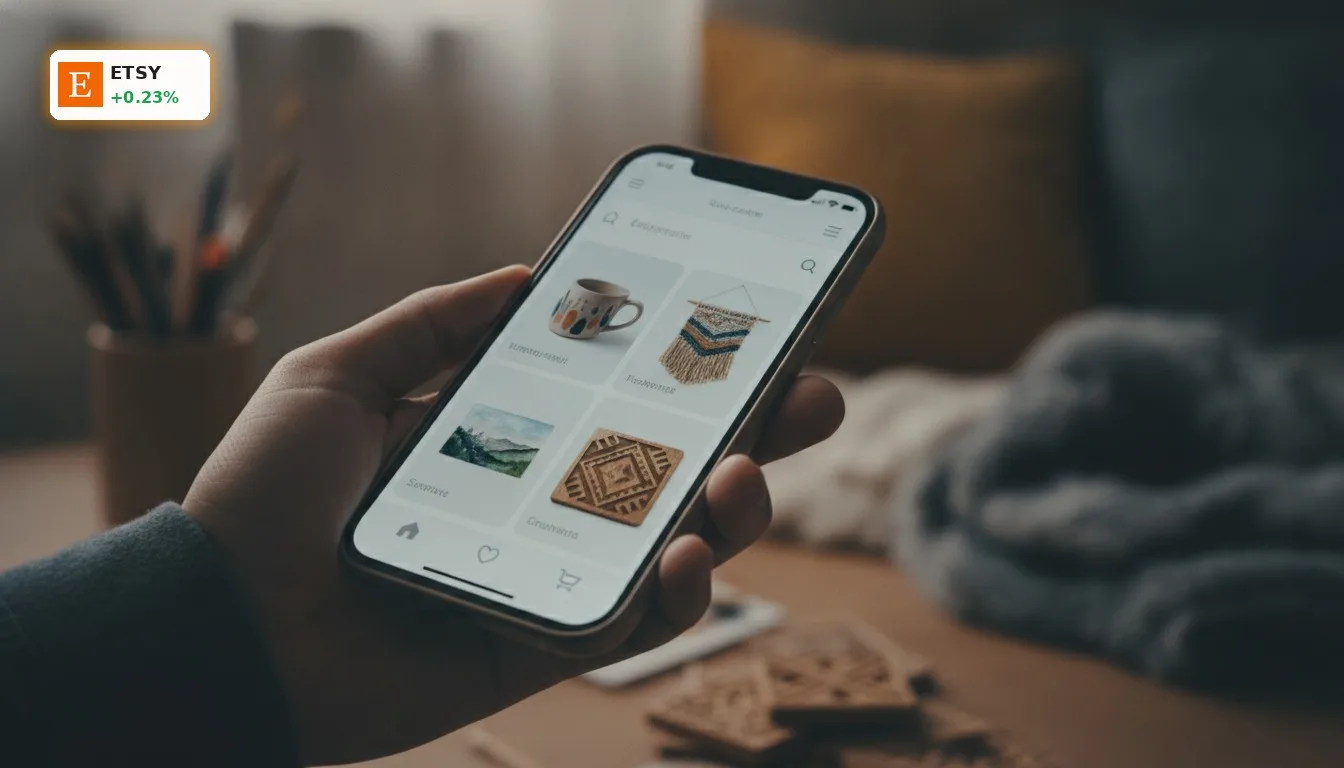 Anonyme Hand hält Smartphone mit Etsy Upgrade E-Commerce App, die handgefertigte Produkte anzeigt.