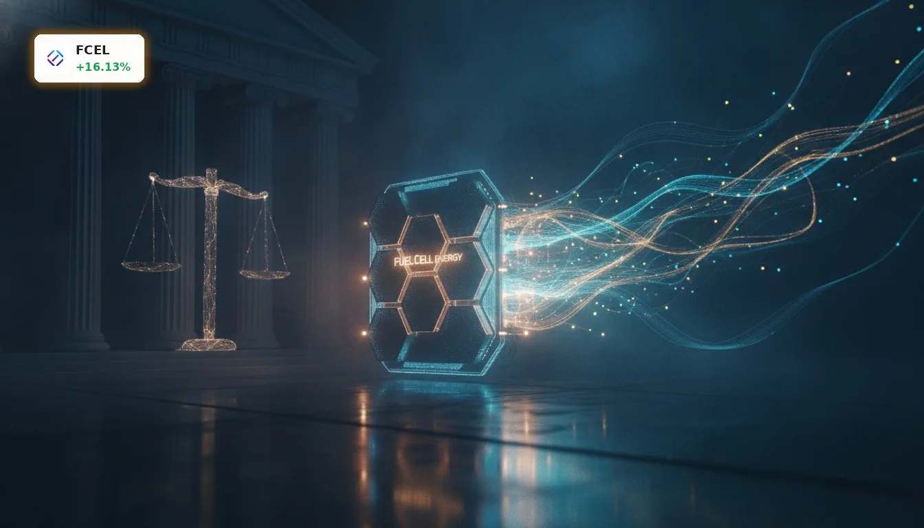 Fuelcell Energy Klage: Aktie steigt 16% trotz Sammelklage-Schock 4 Symbolbild für Fuelcell Energy Klage: Leuchtende Brennstoffzelle zwischen abstrakten Rechtssymbolen und Energie-Lichtstrahlen.