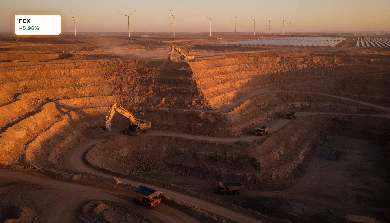 FCX Kupfernachfrage: Freeport-McMoRan Aktie mit +6% Rallye 4 Massive Kupfermine mit Baggern und Lastwagen bei Sonnenaufgang, im Hintergrund Windräder und Solarpaneele, symbolisiert FCX Kupfernachfrage.