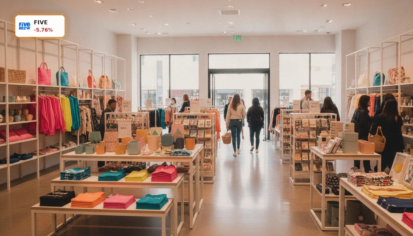Heller, moderner Einzelhandelsladen mit bunter Ware, der die positiven Five Below Quartalszahlen widerspiegelt.