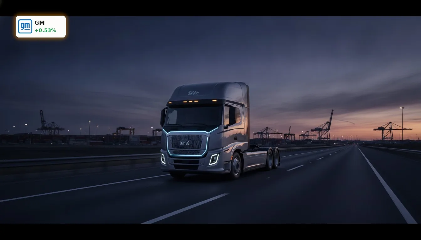 Modernes General Motors Nutzfahrzeug auf einer Autobahn bei Dämmerung, symbolisiert den Transport-Sektor und General Motors ETF.