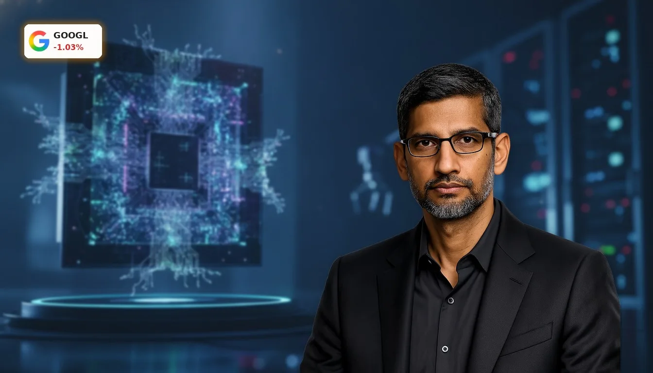 Alphabet KI: Quanten-Durchbrüche und starkes Cloud-Wachstum 4 Nahaufnahme eines futuristischen Quantenchips in einem High-Tech-Labor, der Alphabets Fortschritte in der KI-Forschung symbolisiert.