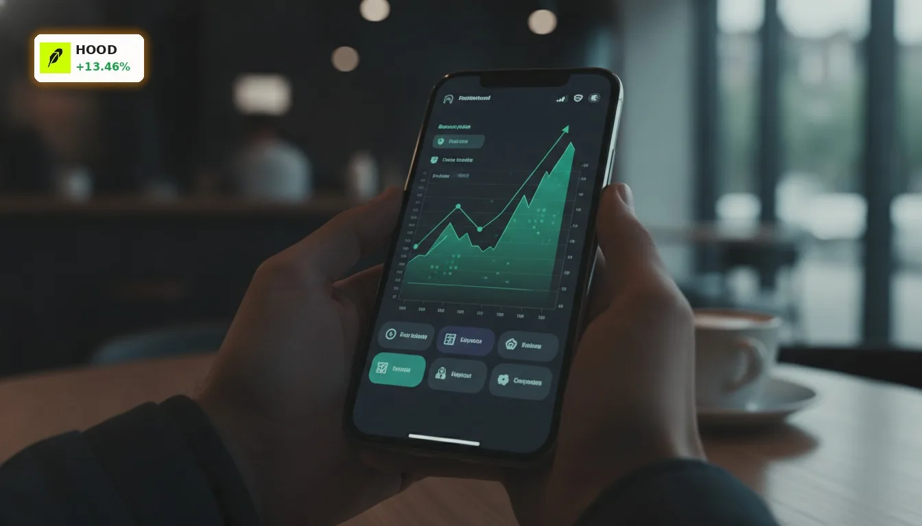 Smartphone mit Robinhood-Handels-App, die positive Finanzdaten und Prediction Markets anzeigt. Robinhood Quartalszahlen.