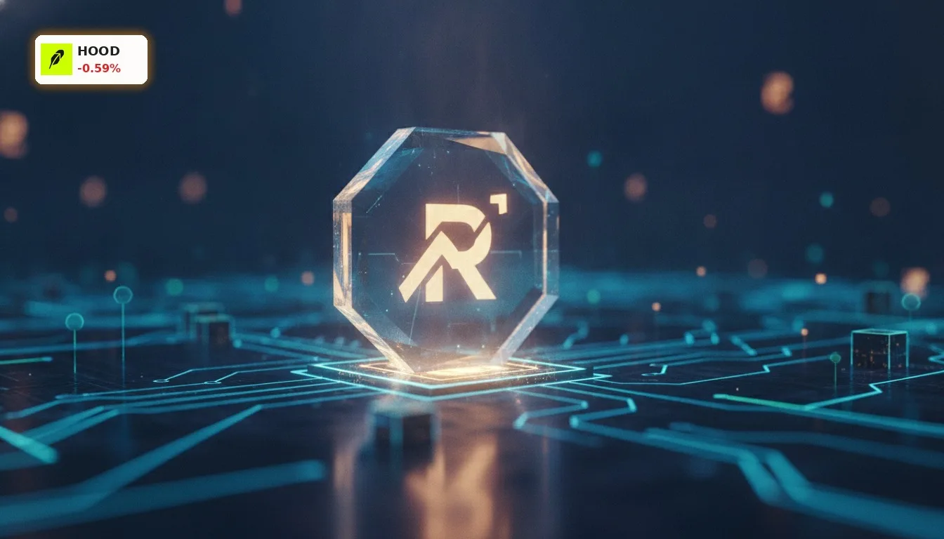 Digitaler Robinhood Token auf einer leuchtenden Blockchain-Netzwerkstruktur, symbolisiert die Krypto-Initiativen von Robinhood.