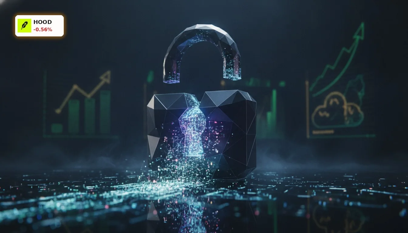 Digitales Schloss mit austretenden Datenströmen, Metapher für Robinhood Insiderhandel und Datenlecks.
