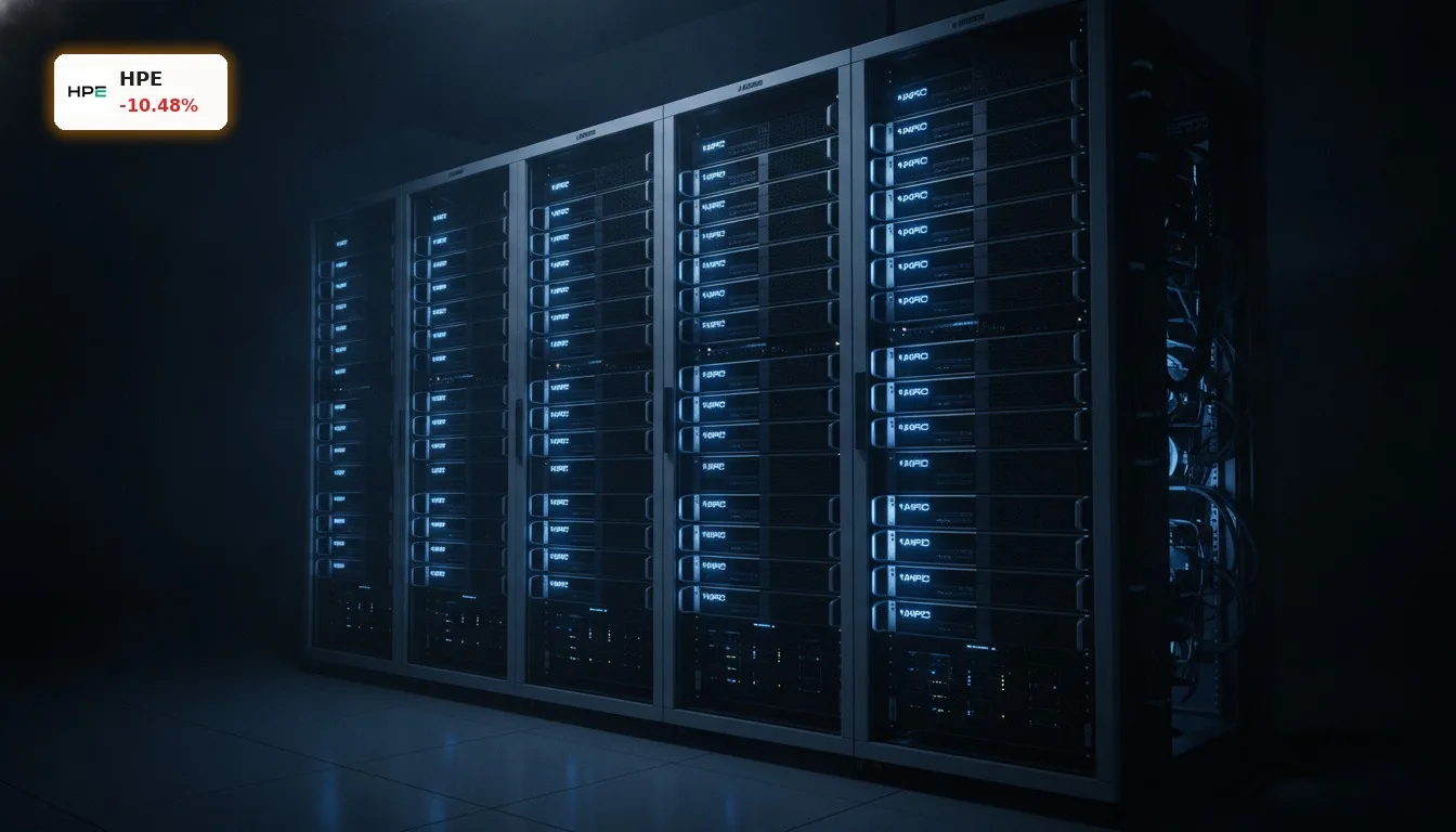 HPE-KI-Server-Rack in einem dunklen Rechenzentrum mit blauen Lichtern, symbolisiert die HPE Herabstufung nach KI-Boom.