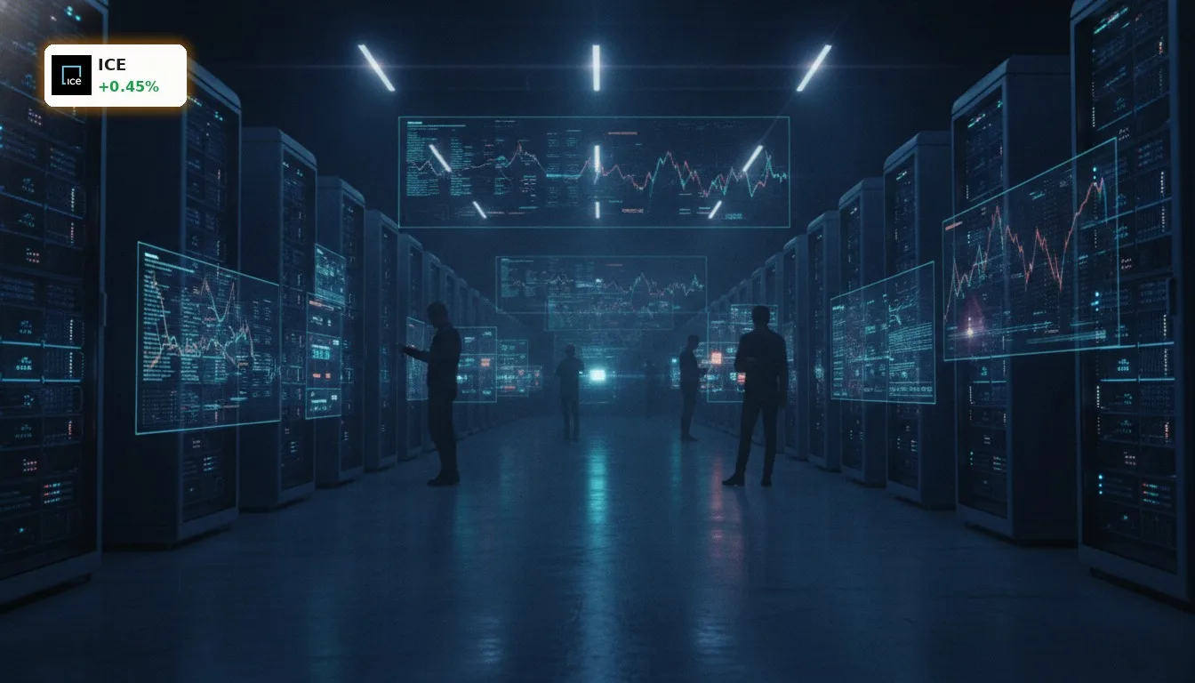 Futuristischer Krypto-Handelsraum mit leuchtenden Bildschirmen und Servern, symbolisiert den Wettbewerb im ICE Krypto Markt.