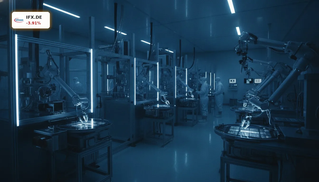 Infineon Analysten: Aktie fällt um 3,91% nach Abstufung – Was nun? 4 Roboterarme in einem Reinraum fertigen Mikrochips für die Automobilindustrie, relevant für Infineon Analysten.