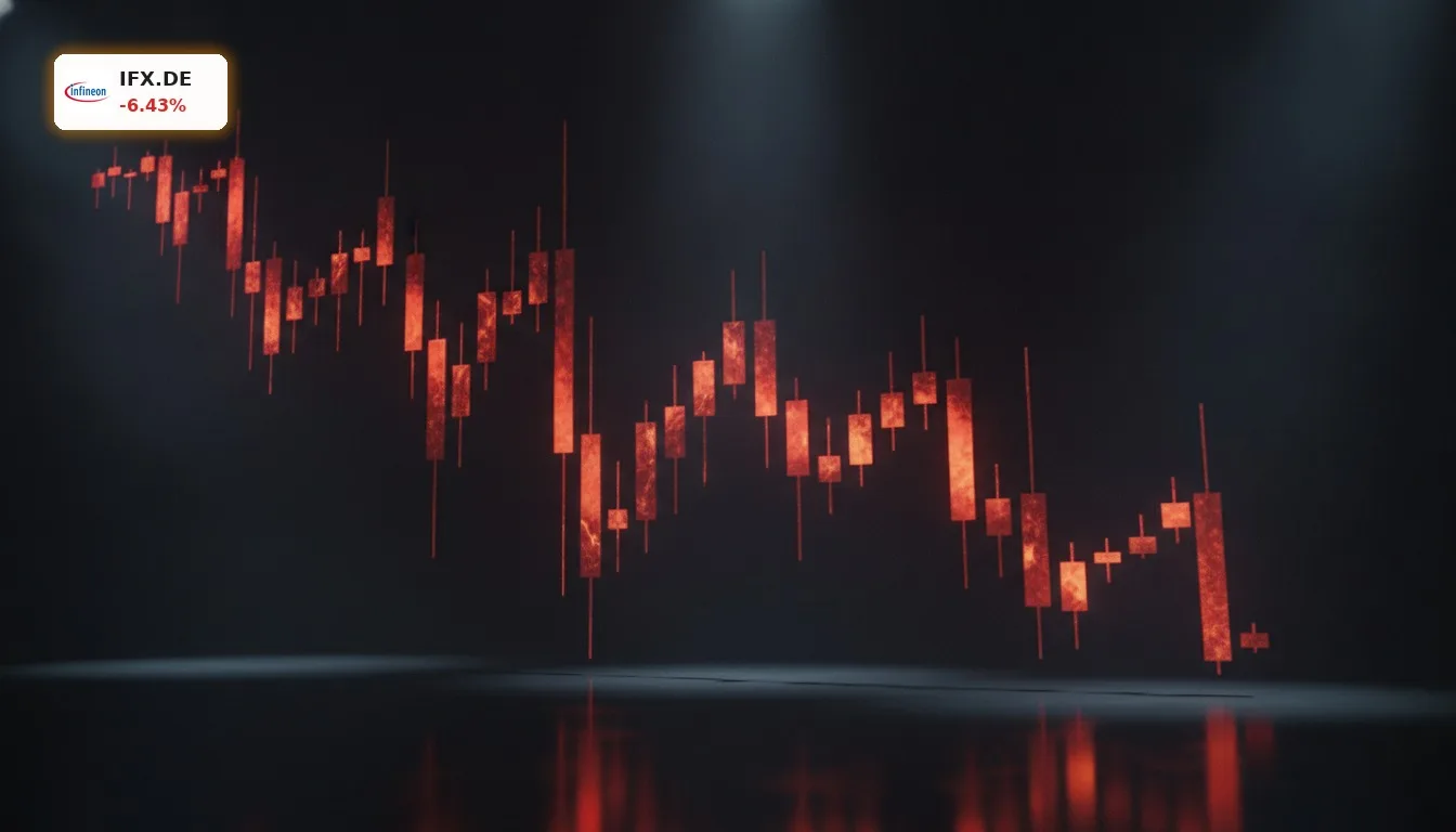 Infineon KI-Ausblick: Aktie bricht um 6,43% ein – UBS senkt Ziel 5 Stilisierter roter Candlestick-Chart symbolisiert den Kursrückgang im Infineon KI-Ausblick nach negativer Analyse.