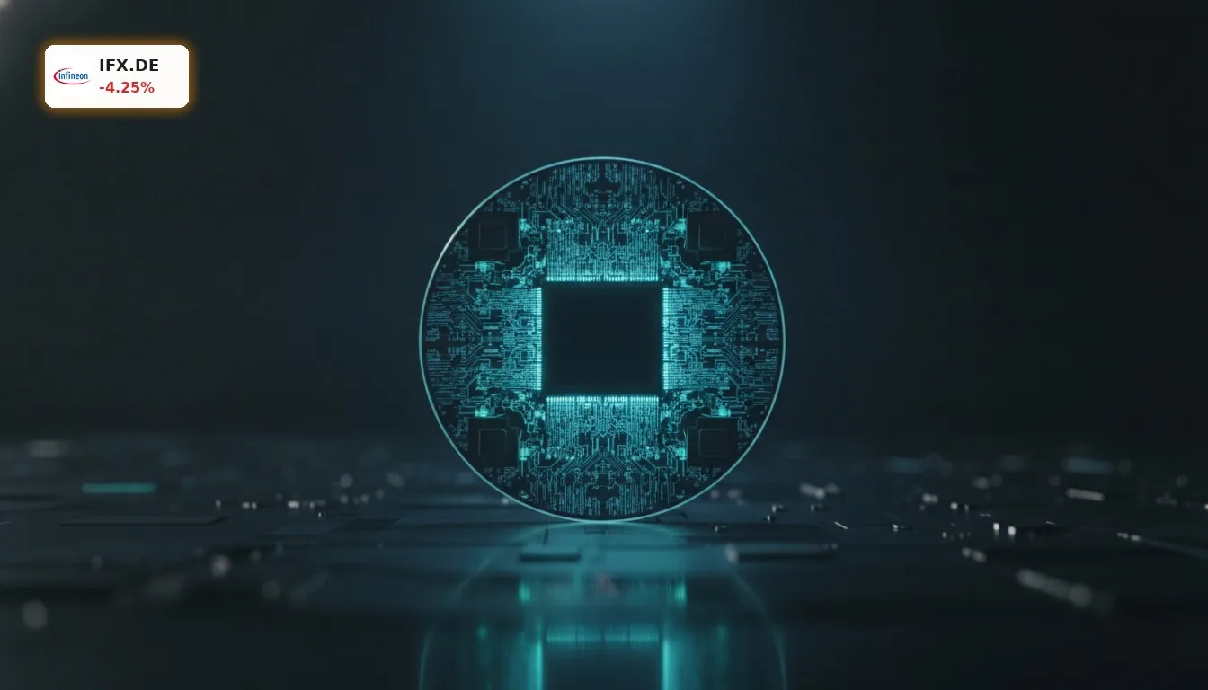 Infineon Stimmrechtsmitteilung: -4.3% Crash nach Goldman-Sachs-Deal 7 Nahaufnahme eines modernen Halbleiterchips oder Siliziumwafers in einem Hightech-Studio, der die technologische Expertise von Infineon im Bereich KI-Rechenzentren hervorhebt. Infineon Stimmrechtsmitteilung.