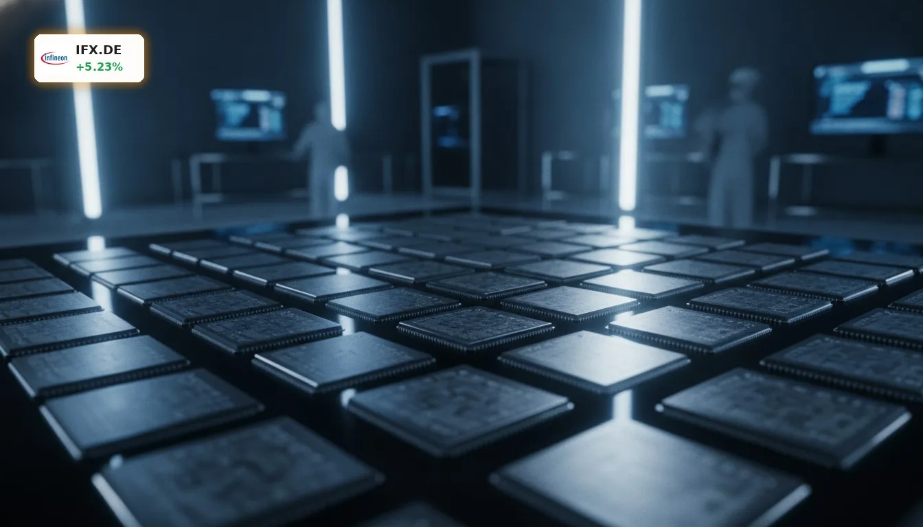 Nahaufnahme von Siliziumkarbid-Leistungshalbleitern in einem Reinraum, symbolisiert die Infineon Partnerschaft.