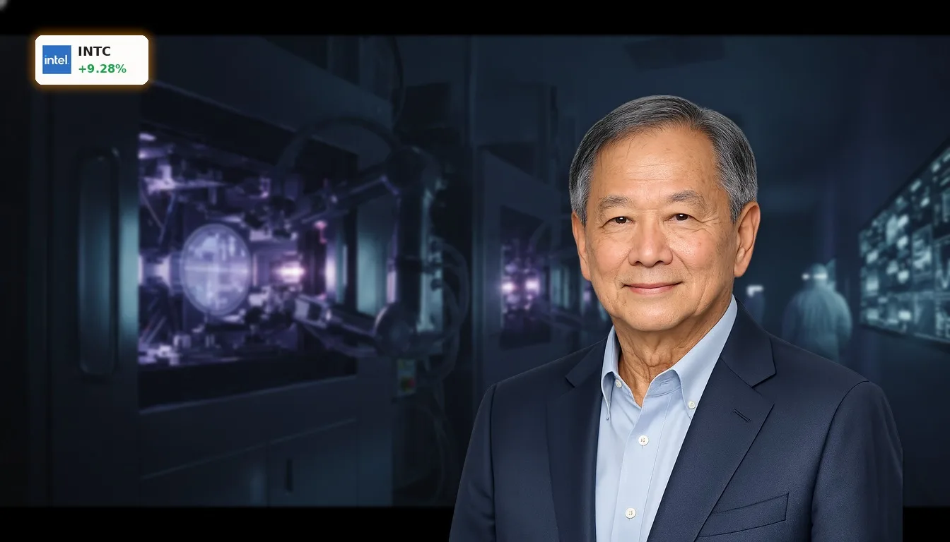 Intel ASML Partnerschaft: +9.3% Rallye durch Chip-Boom und Strategie 4 Futuristischer Reinraum mit High-NA-EUV-Lithografiemaschinen, die Silizium-Wafer verarbeiten, symbolisiert die Intel ASML Partnerschaft.
