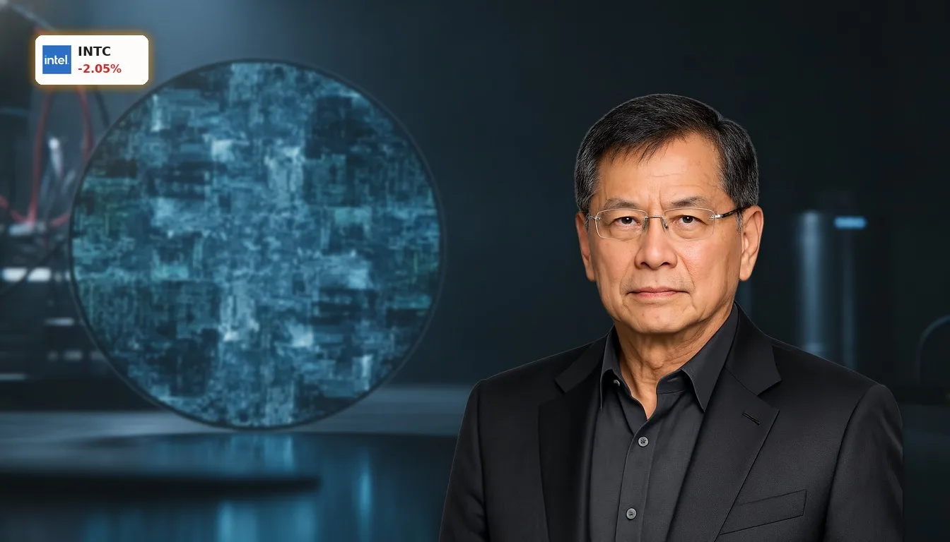Nahaufnahme eines modernen Silizium-Wafers mit komplexen Schaltungsmustern als Symbol für Intel Analyse.