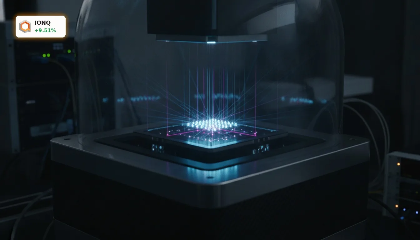 IonQ Fortschritt: Quanten-Boom treibt Aktie um 9,5% nach oben 3 Nahaufnahme eines IonQ Quantencomputers mit schwebenden Ionen und Laserstrahlen, symbolisiert IonQ Fortschritt.