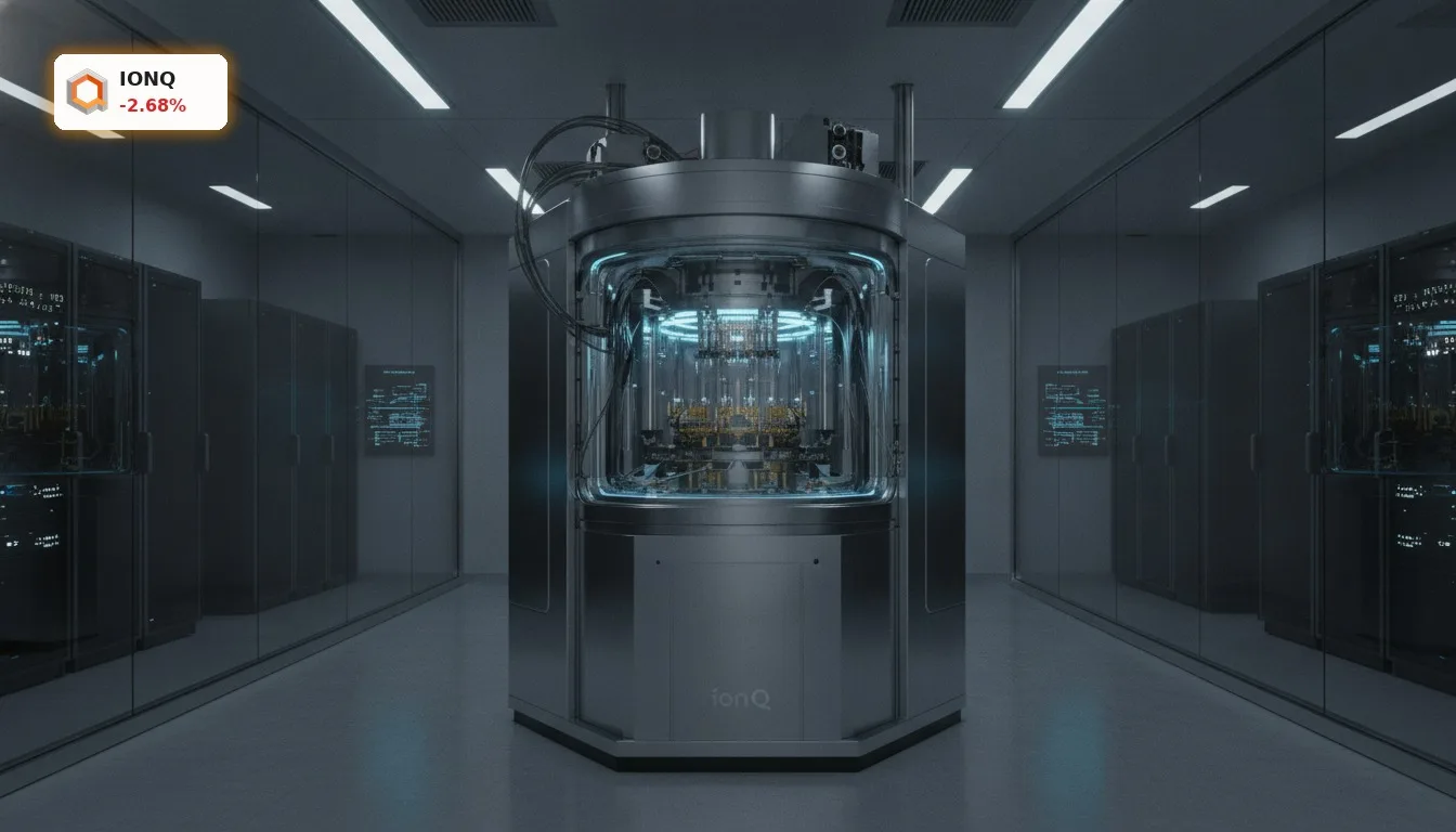 IonQ Quantencomputer: -2.7% nach Durchbruch bei Fehlerkorrektur und NVIDIA-Deal 7 Nahaufnahme eines IonQ Quantencomputer-Prozessors mit leuchtenden Ionenfallen und komplexer Lasertechnik.