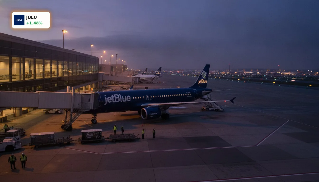 JetBlue Airways Quartal: Prognose-Update für Q3 2026 mit gemischten Signalen 4 JetBlue Airways Flugzeug am Gate bei Nacht, beleuchtet, symbolisiert das JetBlue Airways Quartal.