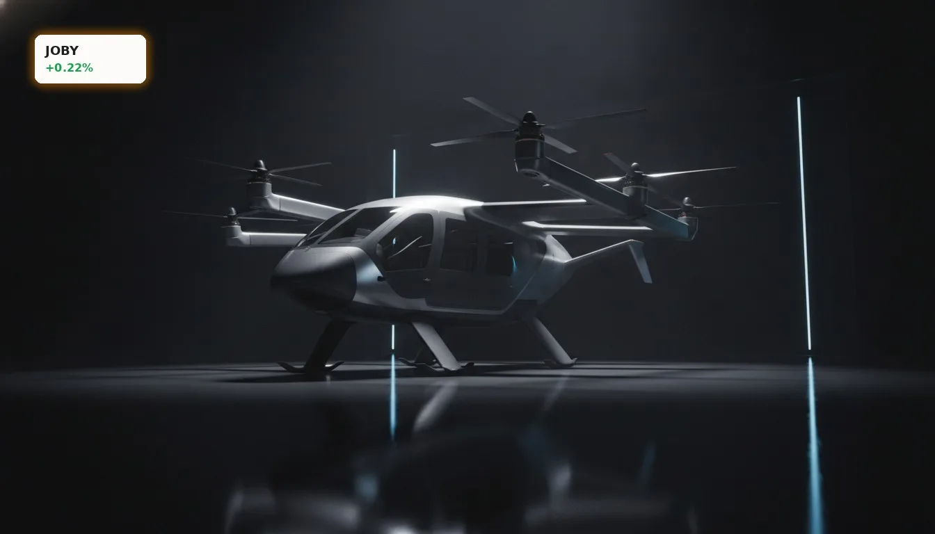 Joby Aviation eVTOL S4 Flugzeug in einem futuristischen Studio, das die innovative Kipprotortechnologie hervorhebt.