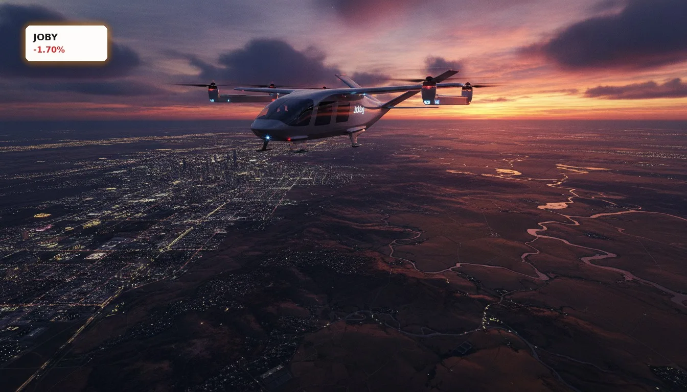 Joby Flug: Autonomes eVTOL-Flugzeug überfliegt weite amerikanische Landschaft im Abendlicht.