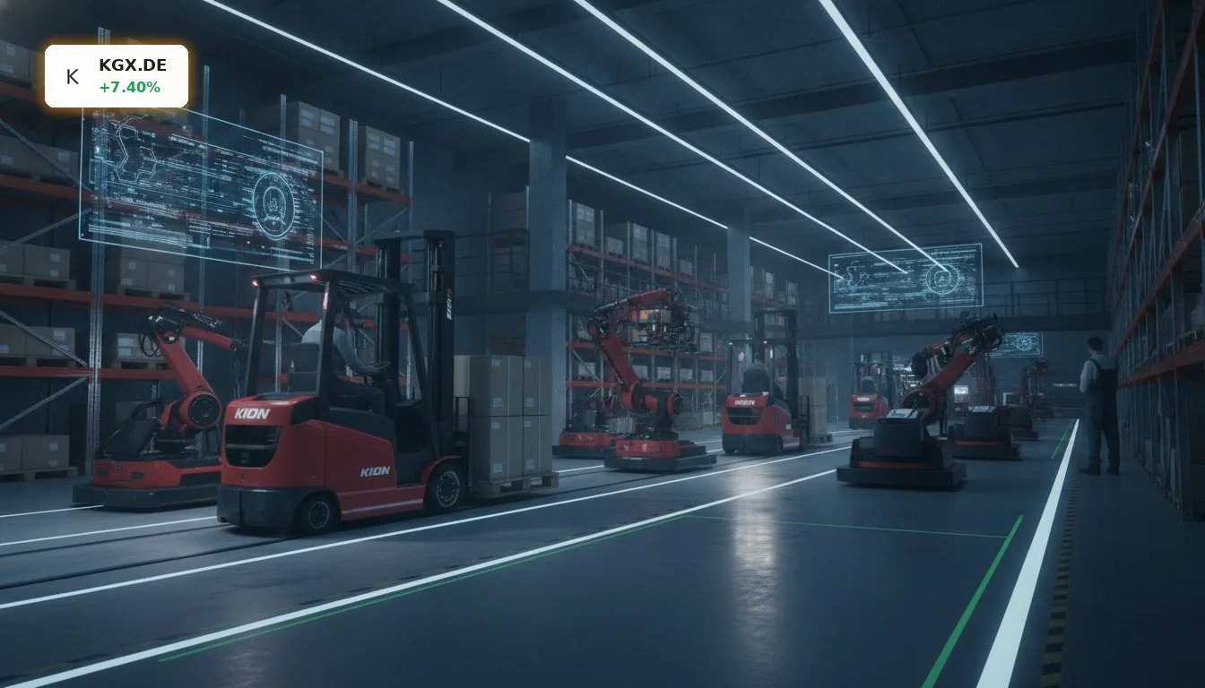 Automatisierte Lagerhalle mit Kion Group Gabelstaplern und Robotern, die Waren bewegen, als Reaktion auf Kion Analysten-Upgrade.