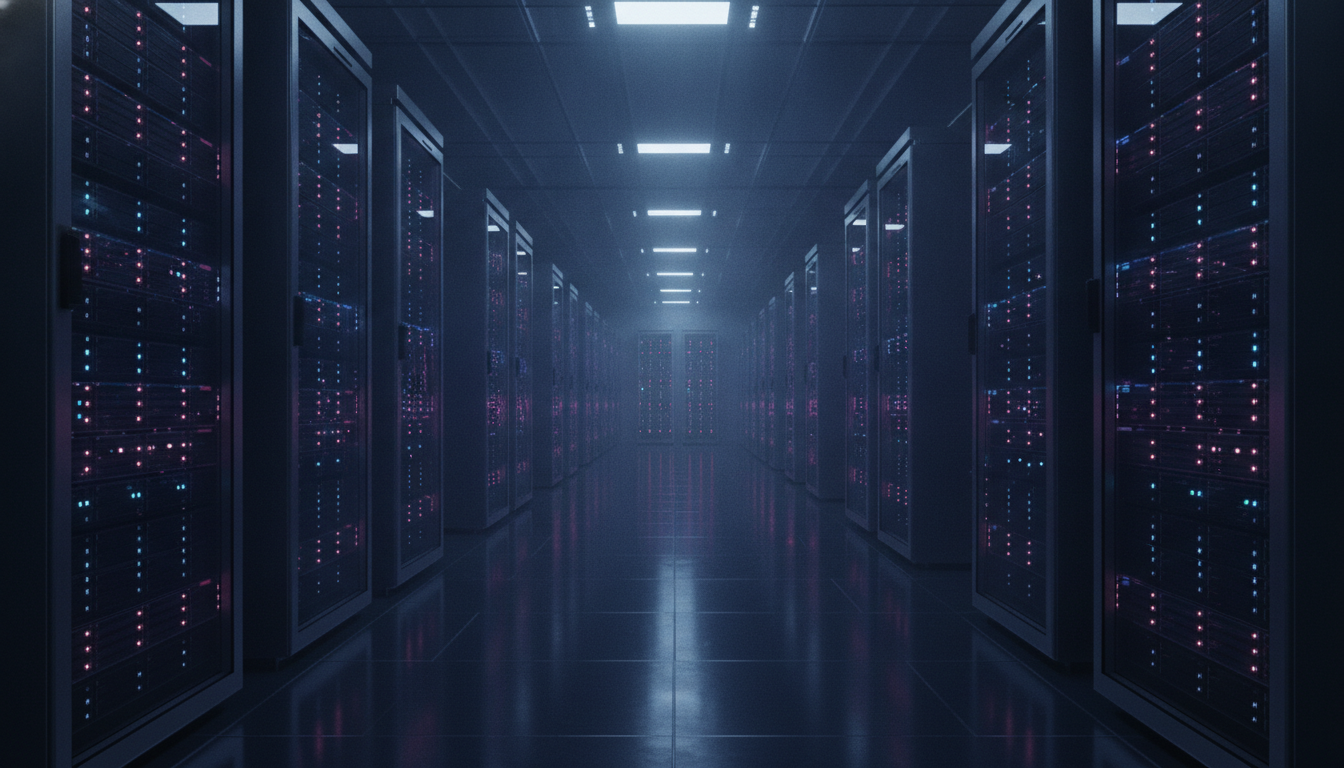 Futuristisches Rechenzentrum mit leuchtenden Server-Racks, symbolisiert den KI Investitionszyklus und Technologie.
