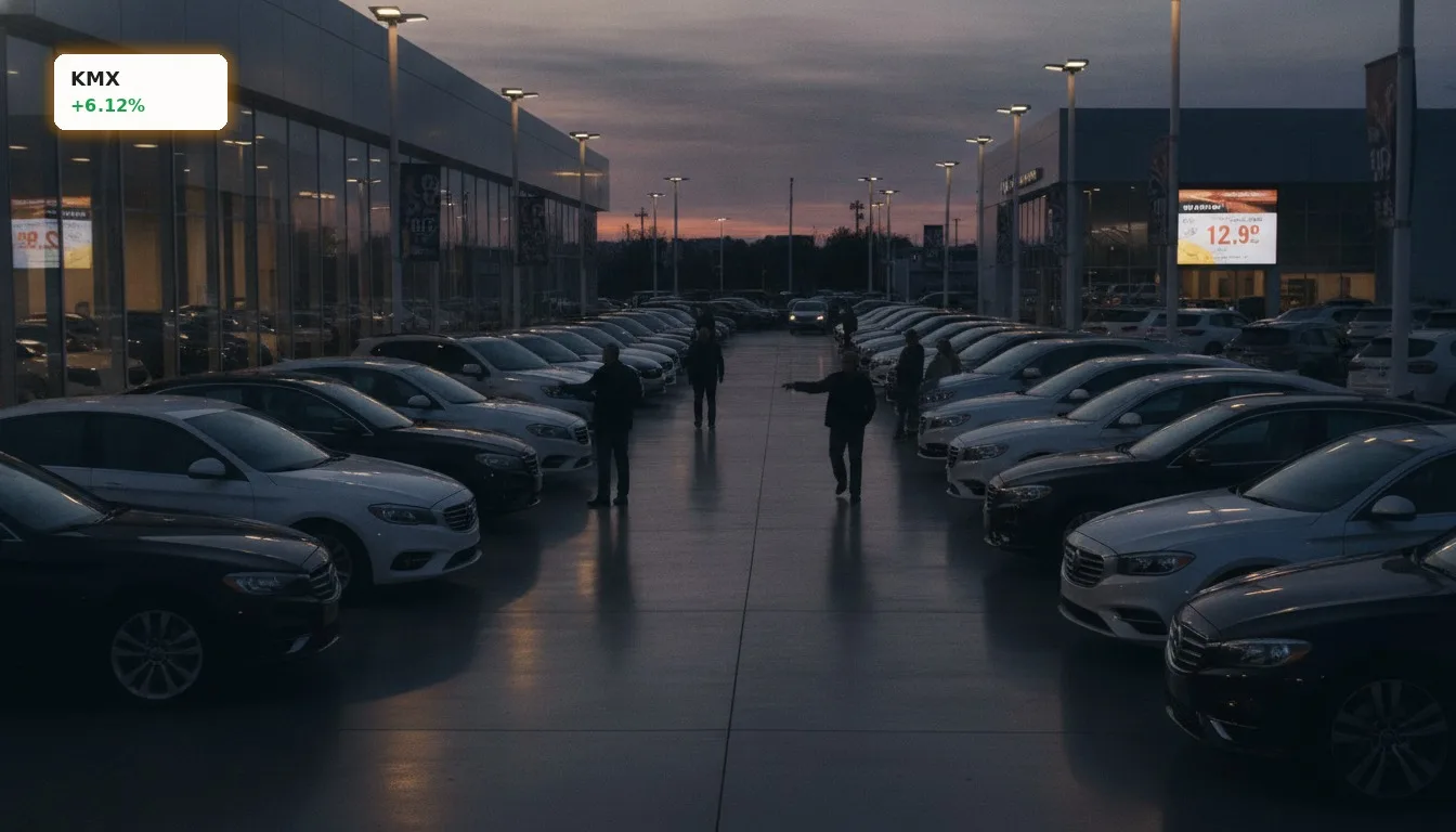 Ein belebtes Gebrauchtwagenhändler-Grundstück bei Einbruch der Dunkelheit, das die positiven CarMax Quartalszahlen widerspiegelt.