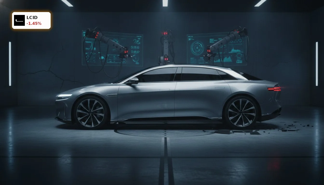 Futuristisches Luxus-Elektrofahrzeug im Crash-Test-Labor, das Eleganz und Herausforderung im Lucid Group Vergleich symbolisiert.