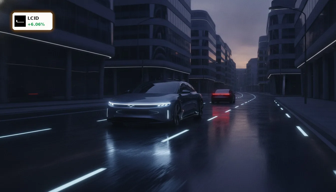 Autonomes Lucid Elektroauto fährt auf einer europäischen Stadtstraße bei Dämmerung, symbolisiert die Lucid Bolt Partnerschaft.