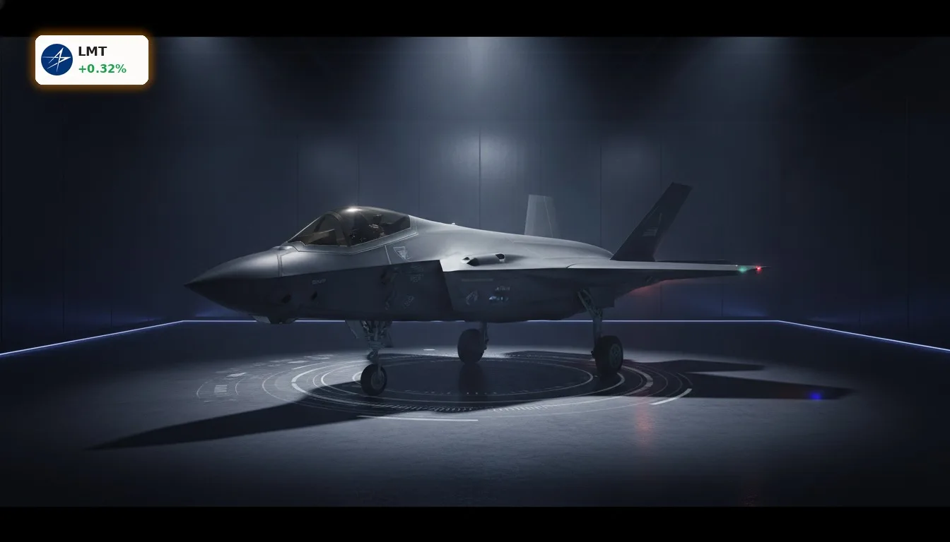 Futuristischer F-35 Kampfjet in einem High-Tech-Studio, symbolisiert die Stärke der Lockheed Martin Prognose.