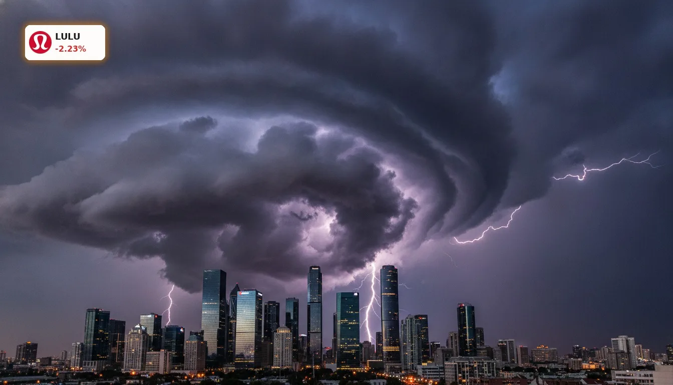 Dunkle Sturmwolken über einer modernen Skyline, die die Lululemon Untersuchung und Marktunsicherheit symbolisieren.