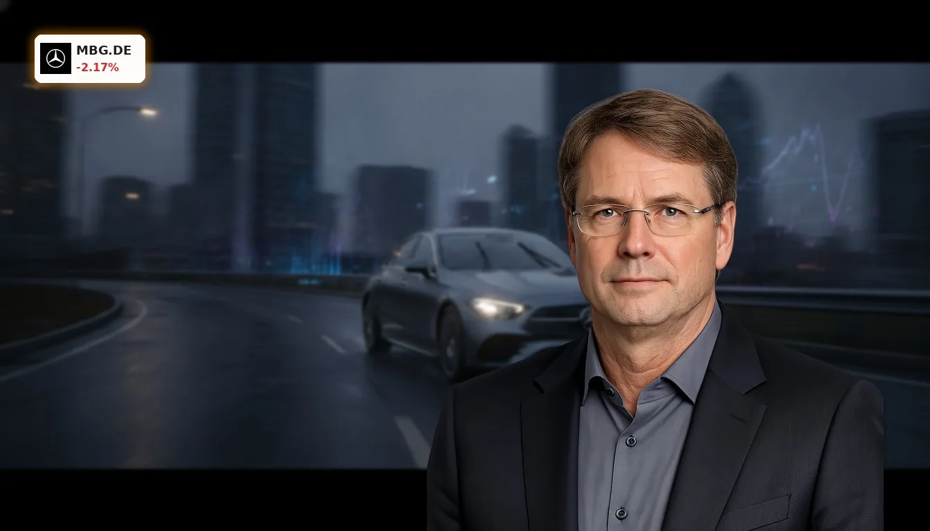 Mercedes-Benz C 300 4MATIC Elektrofahrzeug fährt auf einer dunklen Straße, umgeben von Datenströmen, symbolisiert Mercedes-Benz Analysten Einschätzungen.