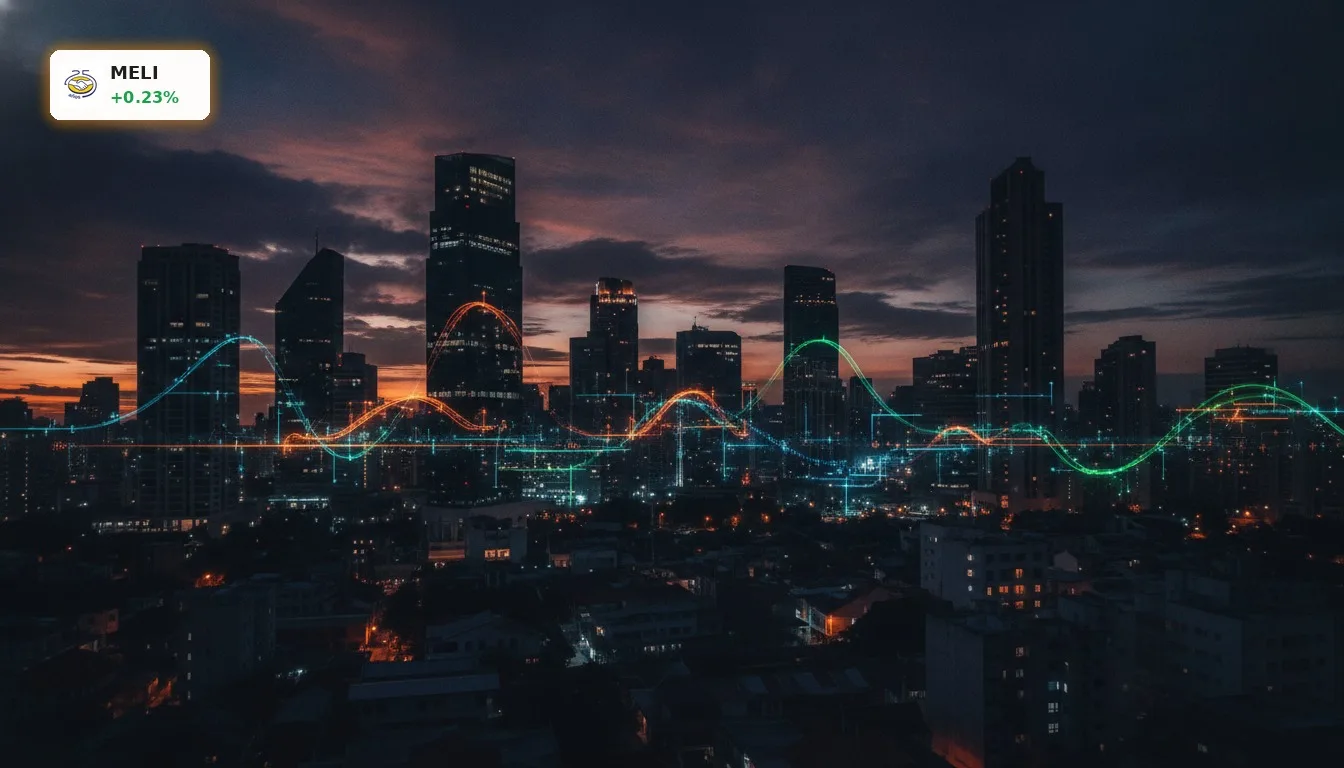 Dunkle, stimmungsvolle Skyline einer modernen lateinamerikanischen Stadt bei Nacht, symbolisiert MercadoLibre Quartal Wachstum in E-Commerce und Fintech.