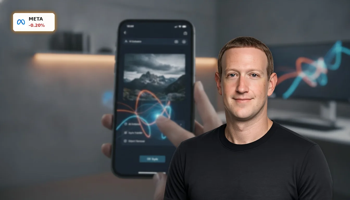 Smartphone-Bildschirm zeigt KI-gesteuerte Bildbearbeitung, Symbol für Metas KI Strategie und neue Abo-Modelle.