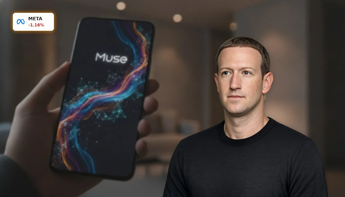 Smartphone zeigt die Benutzeroberfläche des Meta KI-Agenten Muse mit futuristischen Datenvisualisierungen.