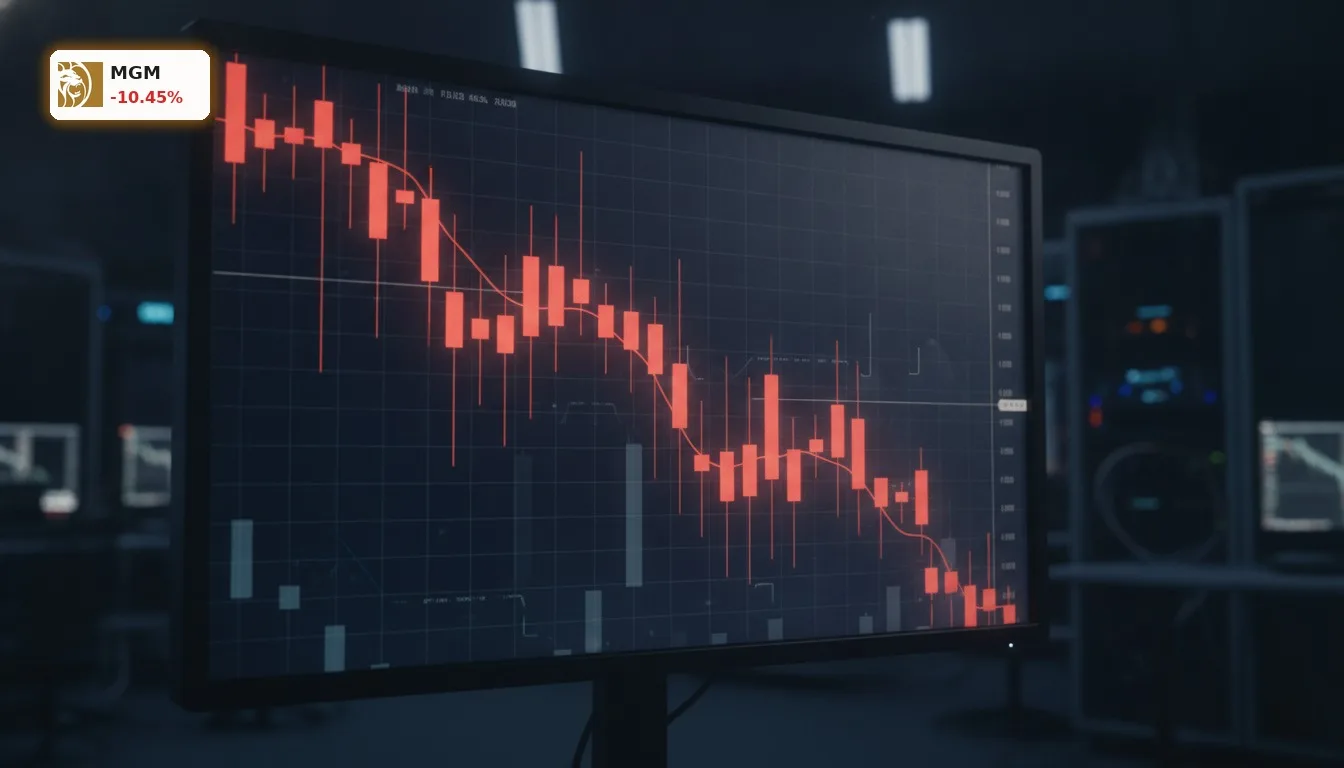 MGM Übernahme geplatzt: Aktie bricht um über 10% ein 4 Stilisierter roter Candlestick-Chart zeigt zweistelligen Kurssturz der MGM Aktie nach geplatzter MGM Übernahme.
