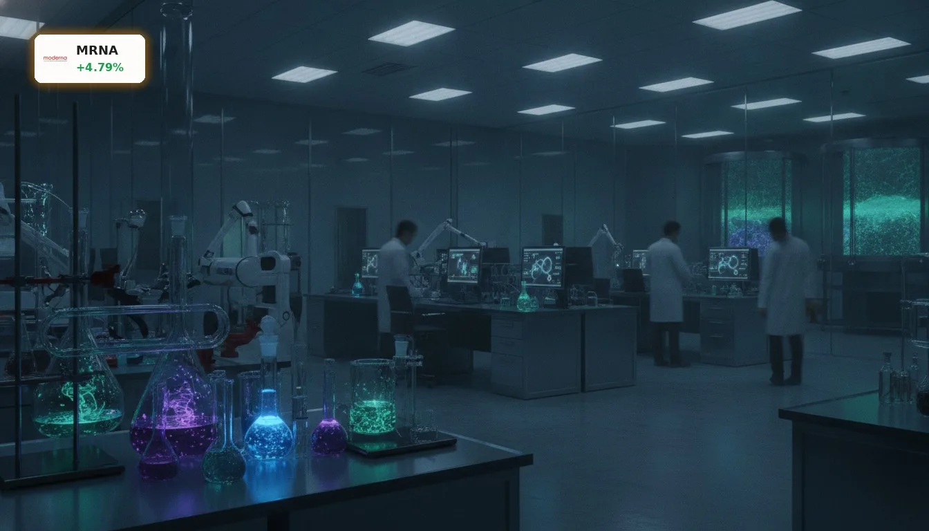 Moderne Forschungseinrichtung für Moderna Krebsimmuntherapie, mit leuchtenden Laborgeräten und Reagenzgläsern.