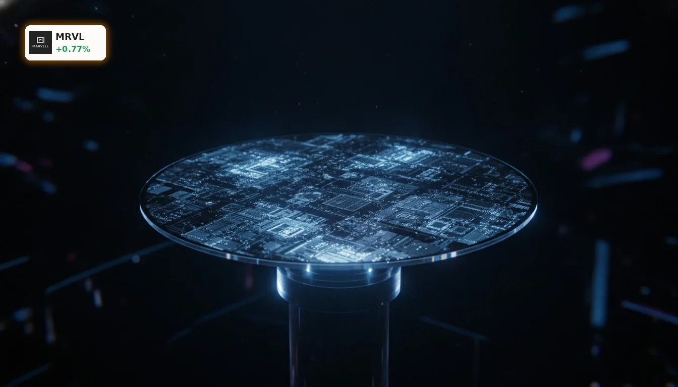 Nahaufnahme eines leuchtenden Silizium-Wafers mit komplexen Schaltkreisen, symbolisiert Marvell Quartalszahlen und Technologie.